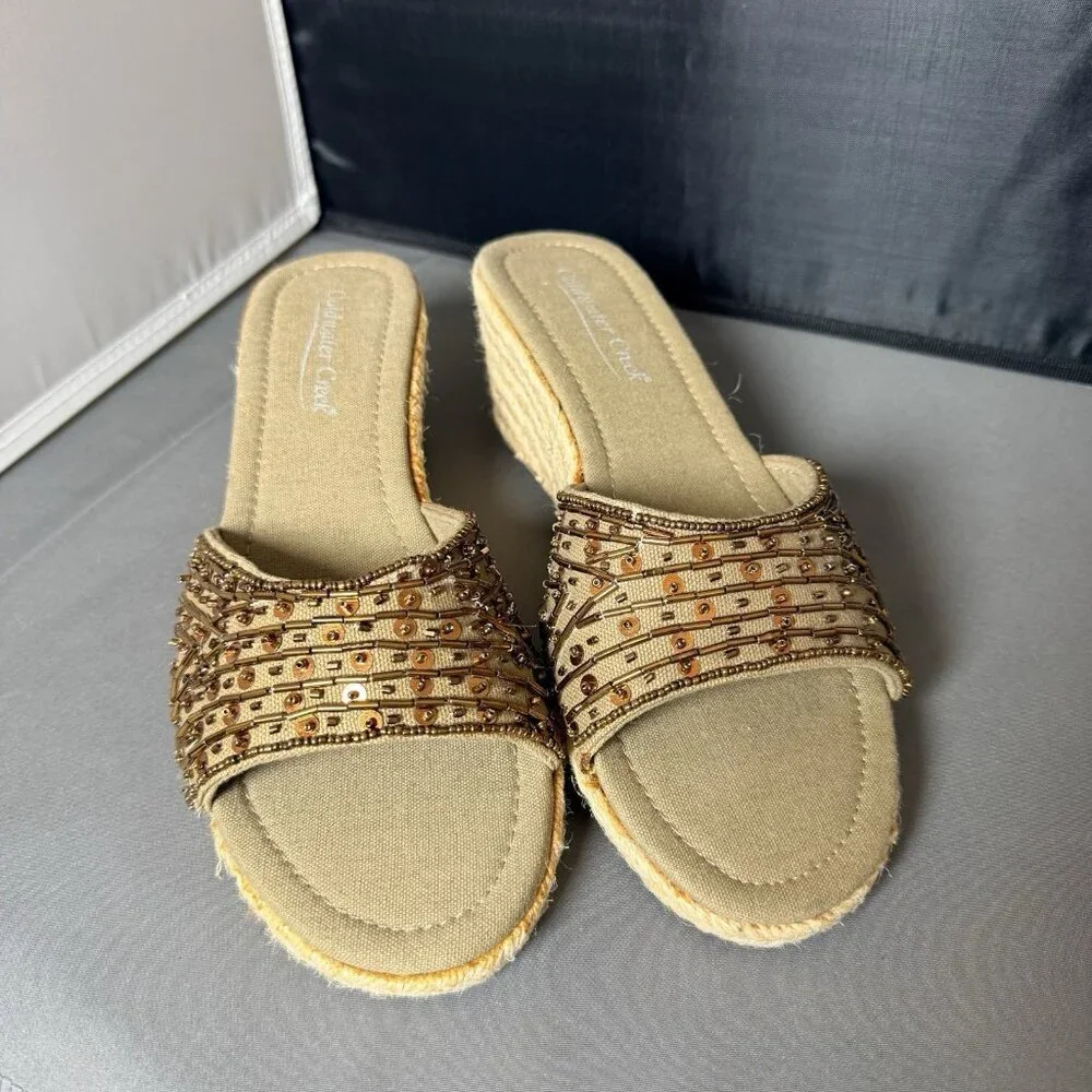 Coldwater Creek Women’s Beaded Espadrille Wedge Slide Sandals Sequin Size 8
